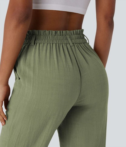 Pantalones tiro alto de aspecto lino