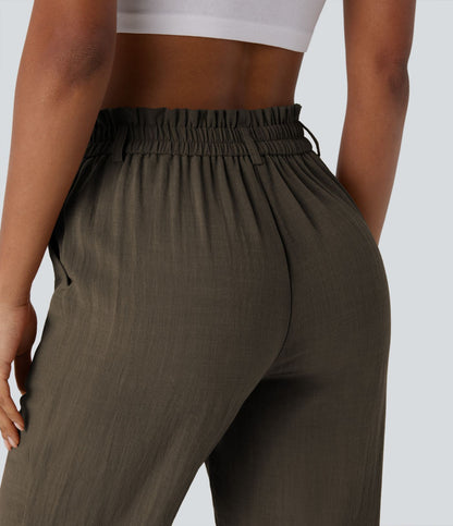 Pantalones tiro alto de aspecto lino