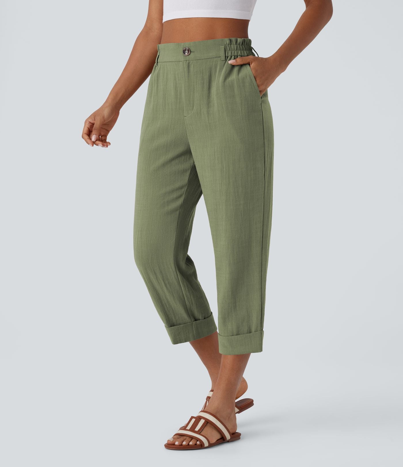 Pantalones tiro alto de aspecto lino