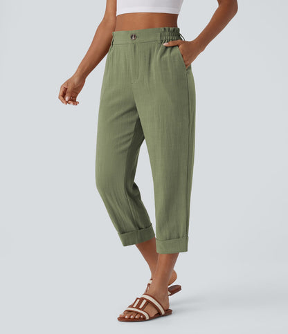 Pantalones tiro alto de aspecto lino