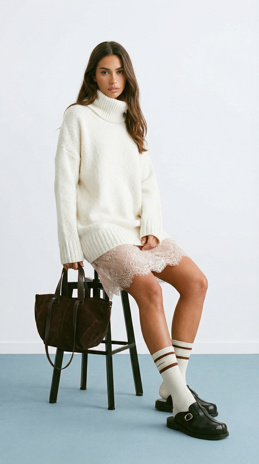 Conjunto jersey cuello alto + vestido corto